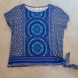 Chicos Mandala Design Women Blouse Size 1  Round Neck Boho Blue Side Tie Coastal